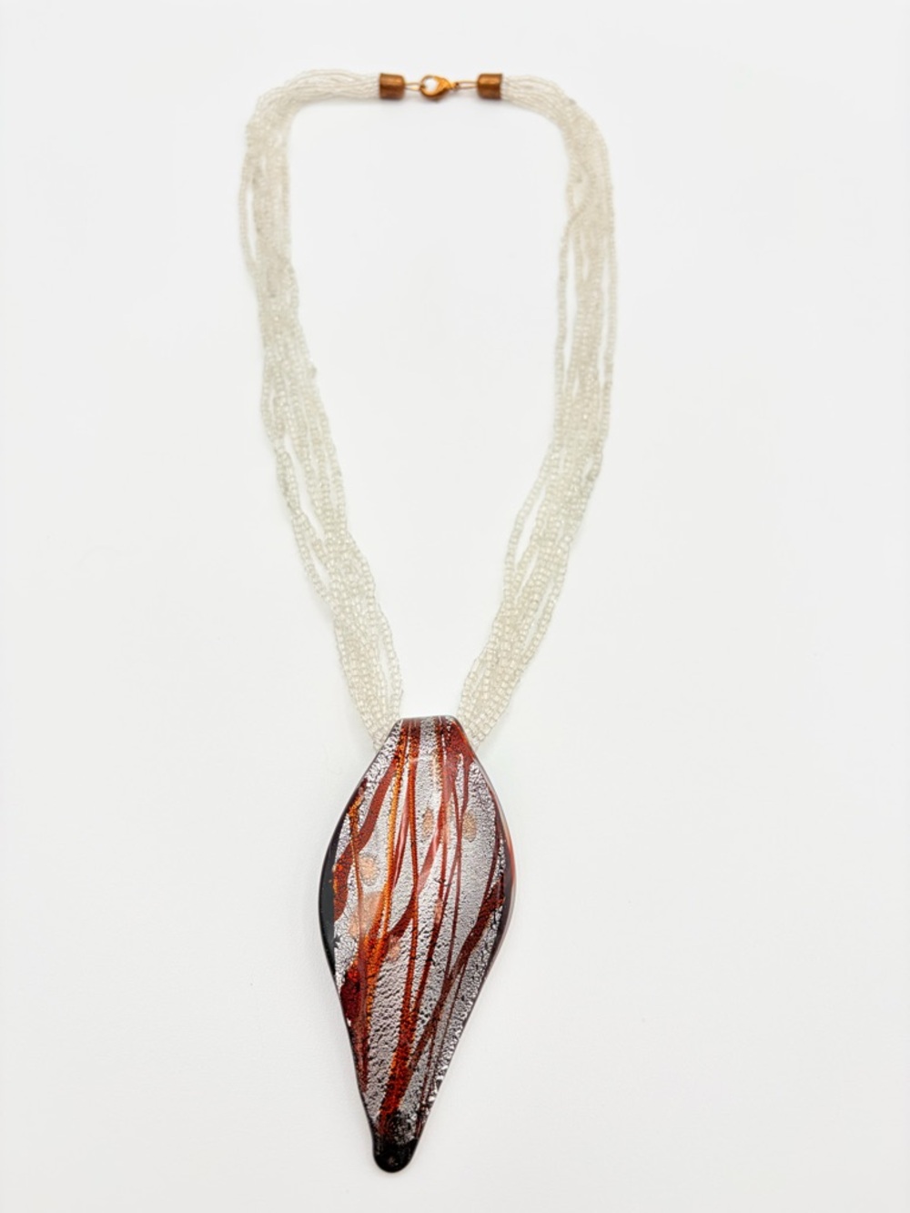 Murano Style Art Glass Pendant Necklace White Seed Bead Statement Necklace